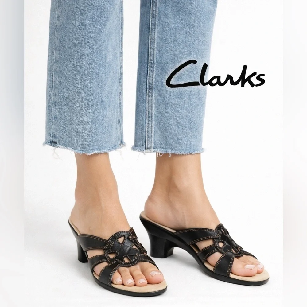 Clarks Black Leather Comfort Slide Sandals Women’s Size 7M beach shoes